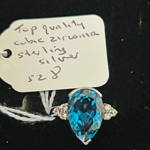 AUSTRIAN CHRYSTAL RING, STERLING SILVER, SIZE 8, BLUE PEAR CUT BEZEL SET, GENUIN - Picture 1 of 5